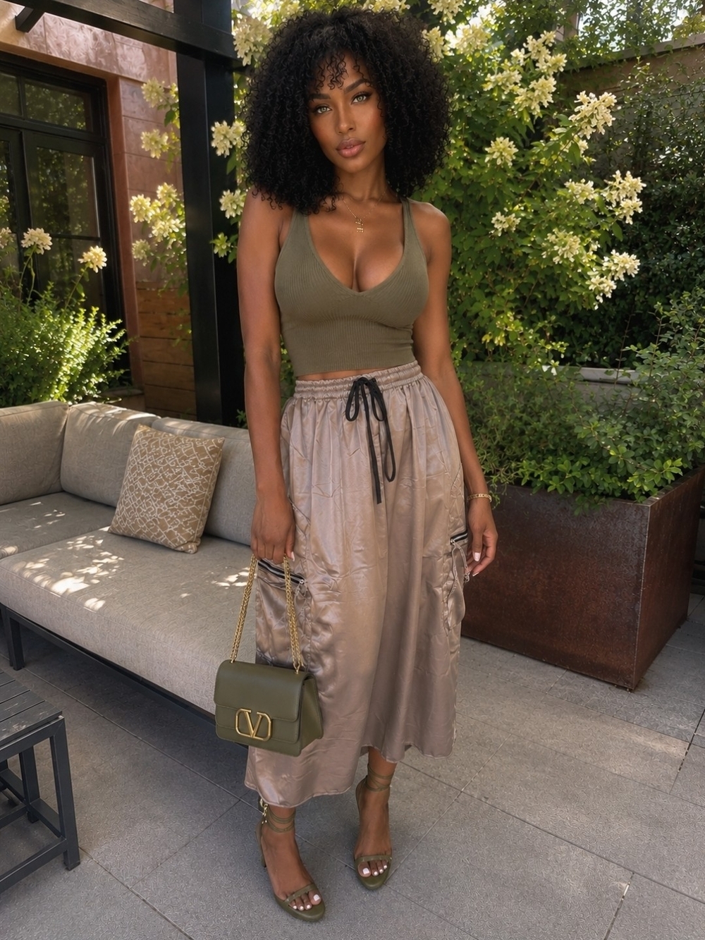 Satin Cargo Midi Skirt with Drawstring Waist - Taupe